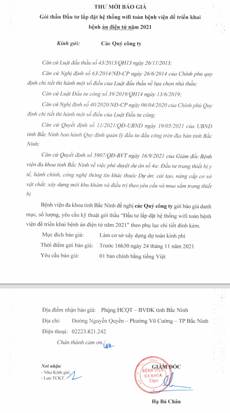 Thư mời báo giá Gói thầu Đầu tư lắp đặt hệ thống wifi toàn bệnh viện để triển khai bệnh án điện tử năm 2021 