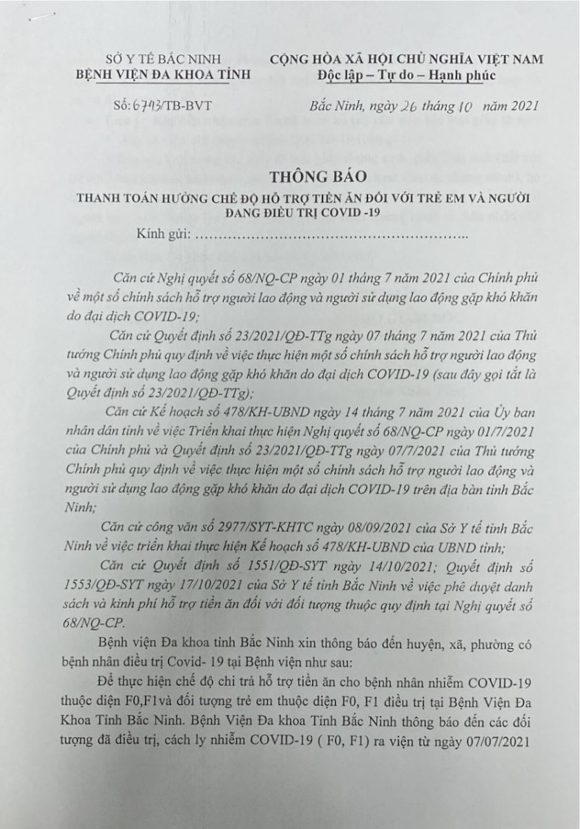  THÔNG BÁO THANH TOÁN HƯỞNG CHẾ ĐỘ HỖ TRỢ TIỀN ĂN ĐỐI VỚI TRẺ EM VÀ NGƯỜI ĐANG ĐIỀU TRỊ COVID -19