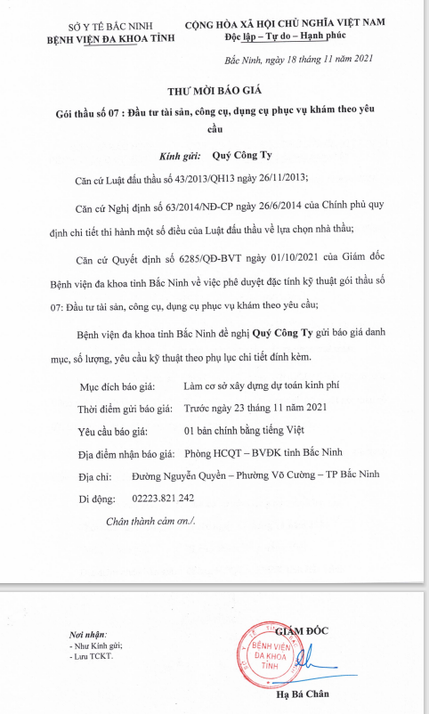 Thư mời báo giá Gói thầu số 07 : Đầu tư tài sản, công cụ, dụng cụ phục vụ khám theo yêu cầu