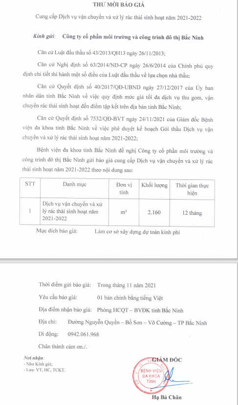 Thư mời báo giá Cung cấp Dịch vụ vận chuyển và xử lý rác thải sinh hoạt năm 2021-2022