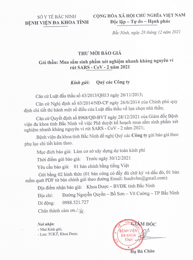 THƯ MỜI BÁO GIÁ DANH MỤC SINH PHẨM XÉT NGHIỆM NHANH KHÁNG NGUYÊN VI RUT SARS- COVI-2 NĂM 2021													