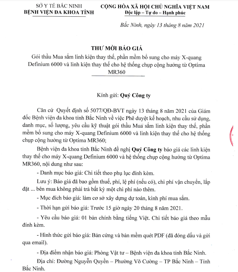  Thư mời báo giá Gói thầu Mua sắm linh kiện thay thế, phần mềm bổ sung cho máy X-quang Definium 6000 và linh kiện thay thế cho hệ thống chụp cộng hưởng từ Optima MR360                     