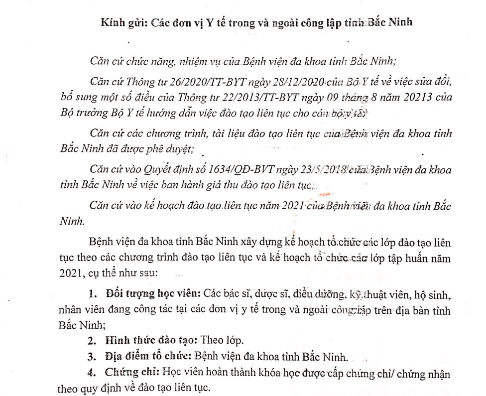 Kế hoạch đào tạo liên tục của Bệnh viện đa khoa tỉnh Bắc Ninh